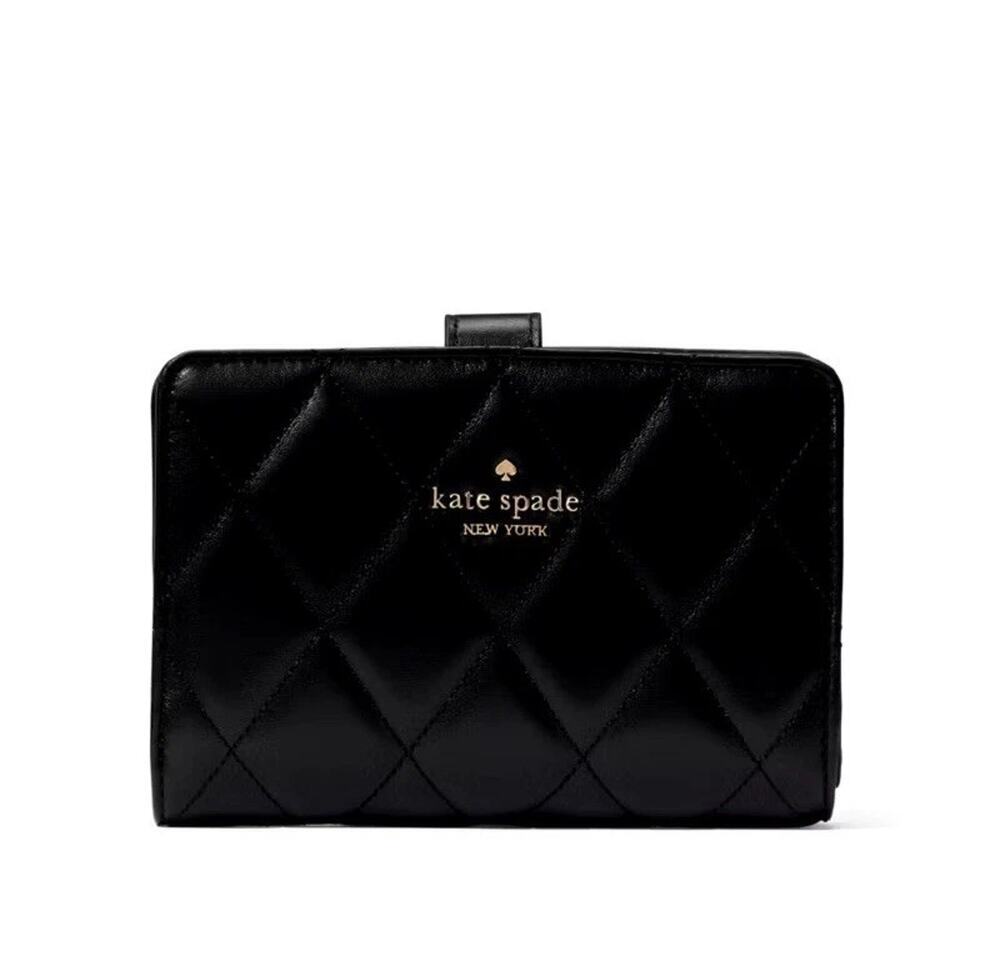 Kate Spade Compact Bifold Wallet Black Quilted Leather Classic Minimalist